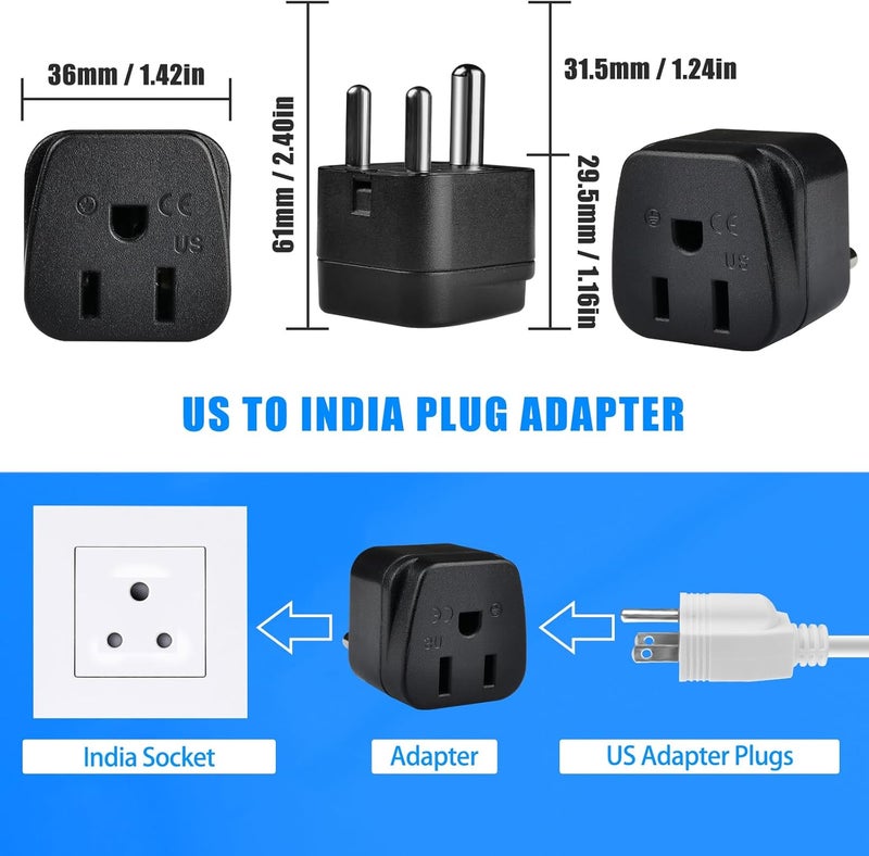 OFOAEEA US to India Plug Adapter, 2 Pack Type D Plug Adapter, India Power Adapte US to India, Bangladesh, Maldives, Pakistan Travel Adapter (Black) - Image 2
